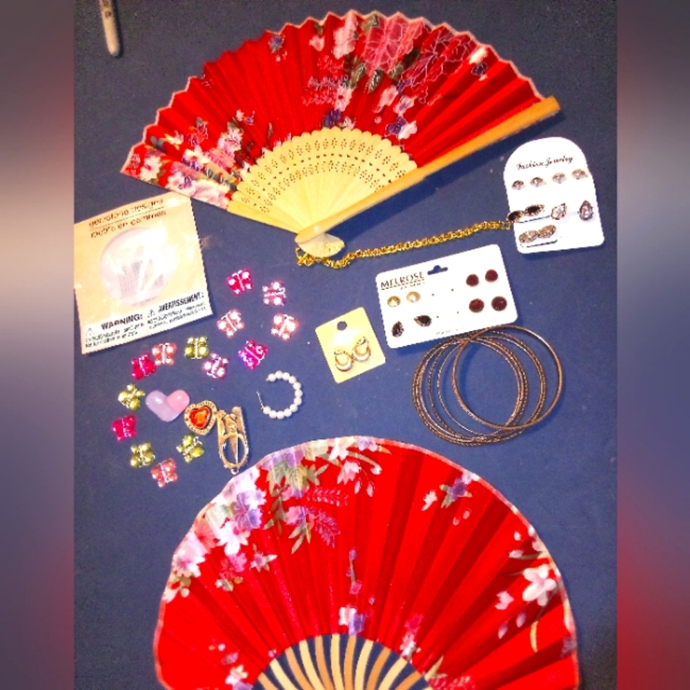 Red Floral Hand Fan, Craft and Jewelry Set